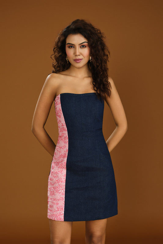 Tweed tube denim dress