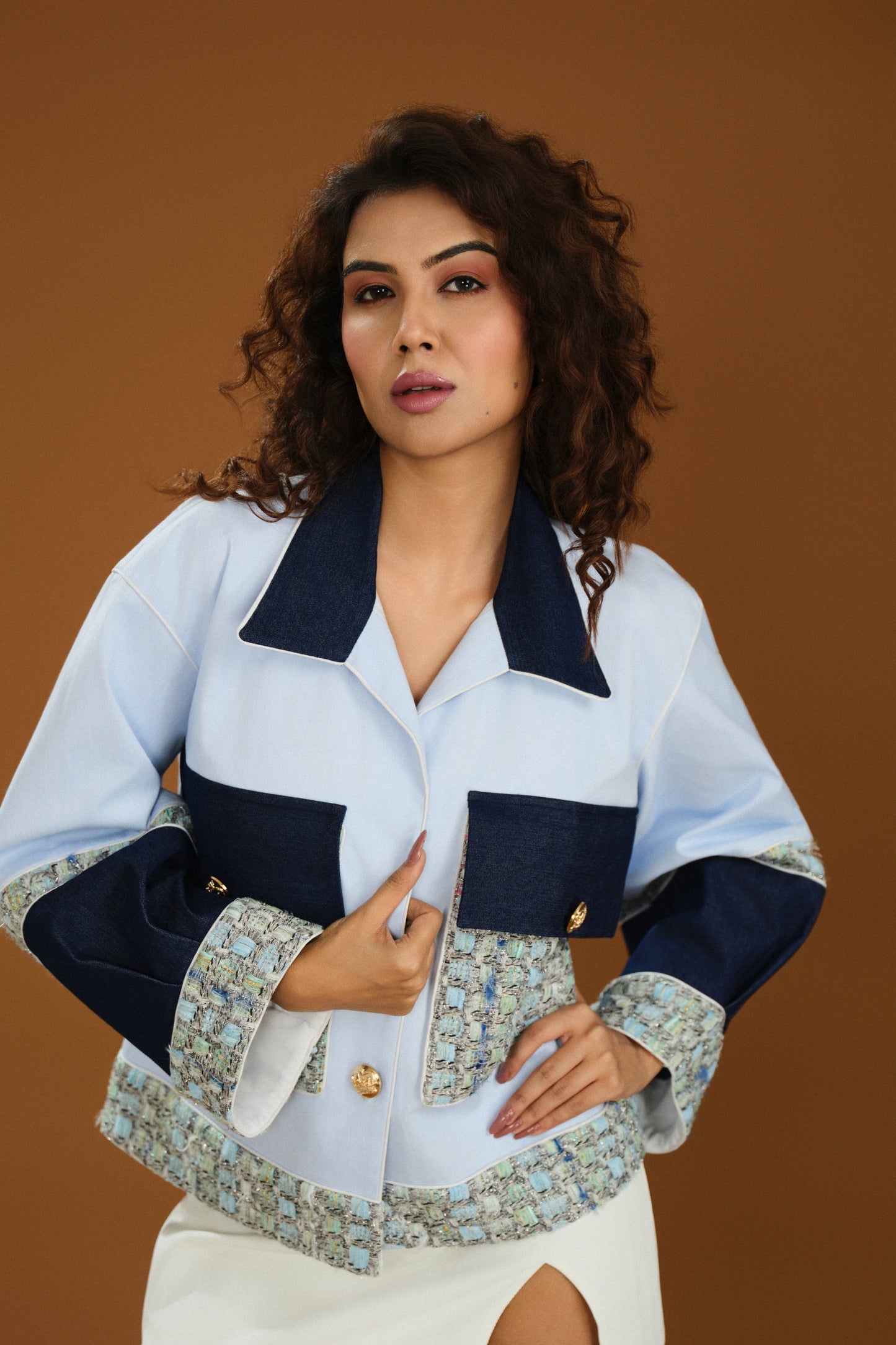 Tweed- cuff Denim Jacket