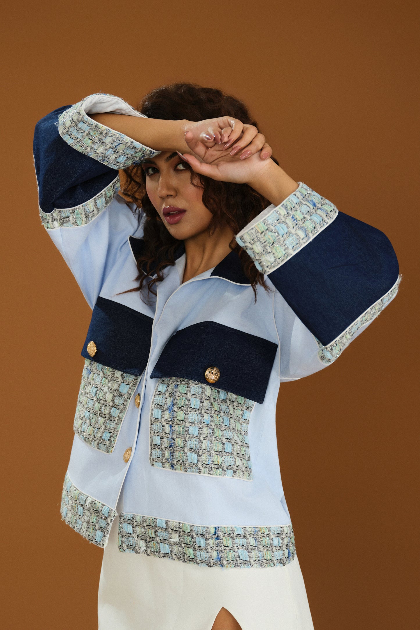 Tweed- cuff Denim Jacket