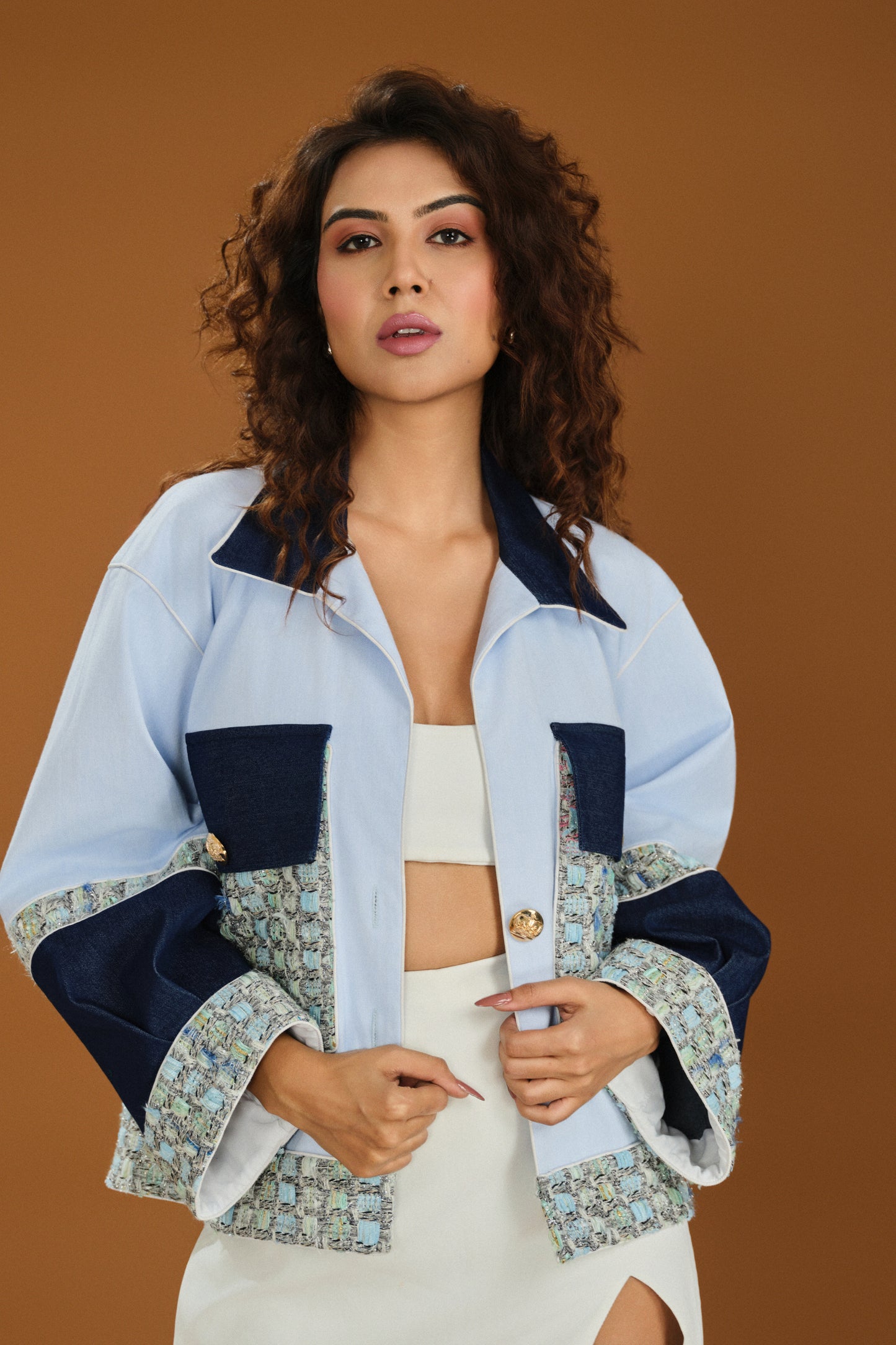 Tweed- cuff Denim Jacket