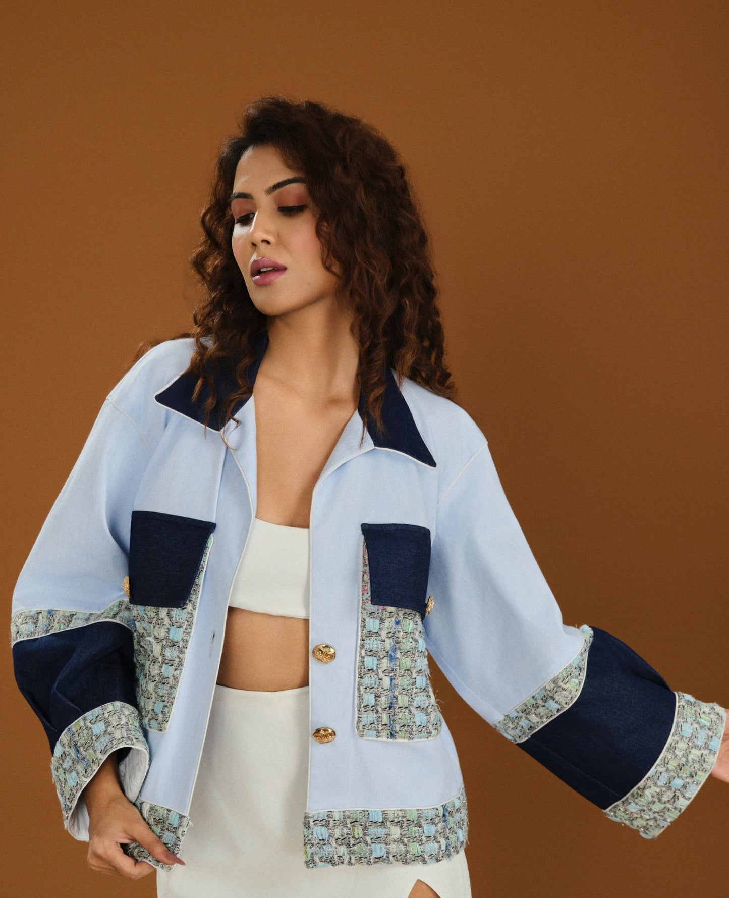 Tweed- cuff Denim Jacket